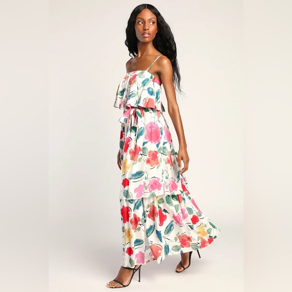Lulu's Women’s Small White Floral Tiered Spaghetti-Strap Maxi Summer Dress